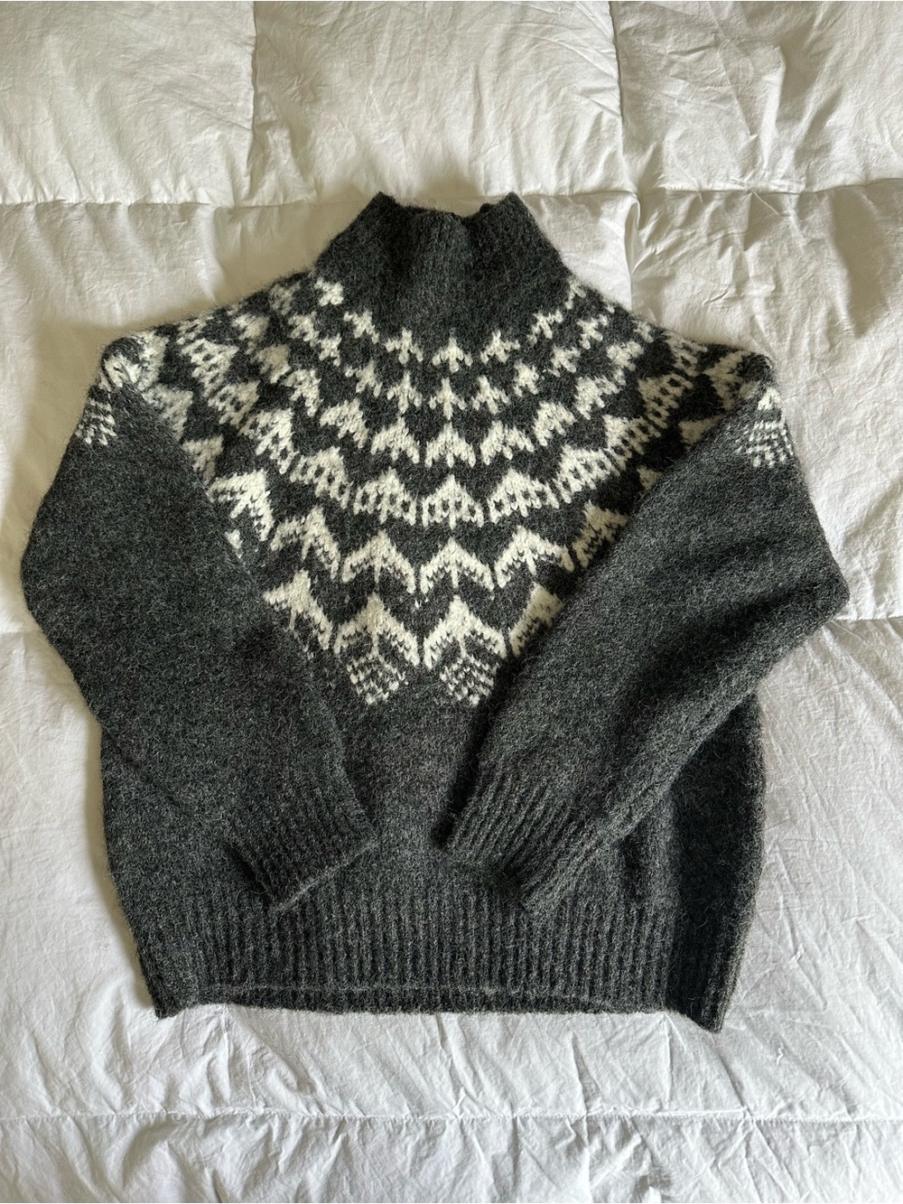 Joie Fair-isle Mock Neck Charcoal and Ivory Nordic Wool Sweater